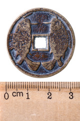 Antique Chinese copper coin Qin Dynasty. Obverse. Isolated on white