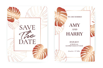 Monstera Tropical luxurious style collection design Wedding Invitation cards, save the date, invitation template.