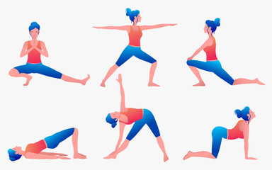 Various yoga poses set. Female yoga vector illustration. Healthy lifestyle.