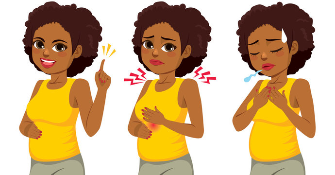 Happy Beautiful Afro Black Pregnant Woman In Three Different Actions Pointing Hand Burning Discomfort And Difficulty Breathing