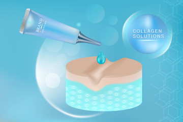 Beauty product ad design, blue cosmetic container with collagen solution advertising background ready to use, luxury skin care banner, illustration vector.	