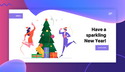 Office Christmas Party Website Landing Page. Business People Have Fun on New Year Celebration at Work with Champagne, Decorated Xmas Tree and Confetti Web Page Banner. Cartoon Flat Vector Illustration