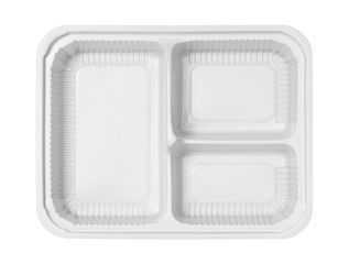 Plastic lunch box three compartment separated top view (with clipping path) isolated on white background