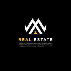 Creative design real estate logo. Building clean concept white and yellow color on black background.