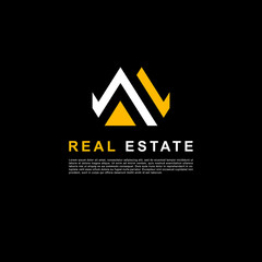 Creative design real estate logo. Building clean concept white and yellow color on black background.