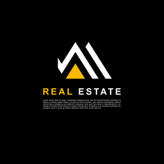 Creative design real estate logo. Building clean concept white and yellow color on black background.