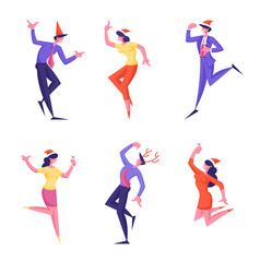 Set of Happy Business People Characters in Santa Hats Celebrating Christmas or New Year Party Holiday in Office Dancing and Jumping with Hands Up. Colleagues Managers Cartoon Flat Vector Illustration
