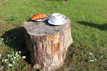 Woman in the summer has breakfast in a summer