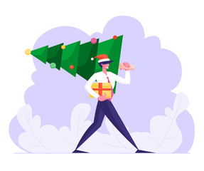 Cheerful Business Man Wearing Formal Suit and Santa Claus Hat Holding Gift Carry Christmas Tree on Corporate Party. Happy New Year and Xmas Holiday Celebration Concept Cartoon Flat Vector Illustration