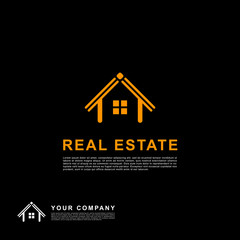 Creative design real estate logo. Building clean concept orange color on black background.