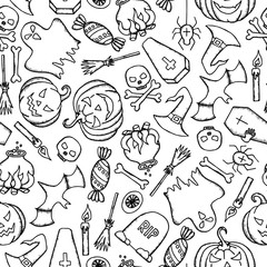Vector Halloween seamless pattern with ghost, pumpkin, witch hat, coffin and skull. Hand drawn endless vector illustration.