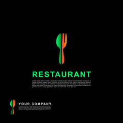 Fototapeta na wymiar Green and orange logo restaurant template with a spoon and fork symbol.