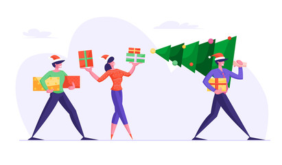 Happy Friends Carrying Christmas Tree Preparing for Winter Season Holidays. Business People Walking on Corporate Party with Gifts and Greetings. Colleagues Event. Cartoon Flat Vector Illustration