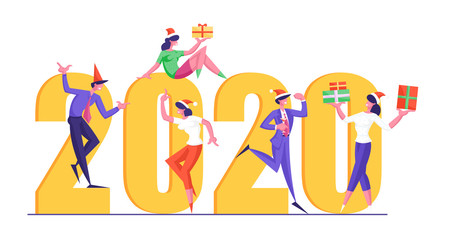 Greeting Card for Happy New Year Concept. Tiny People Dancing Near Huge 2020 Numbers. Congratulations, Invitation on Eve Celebration Poster, Banner, Flyer, Brochure. Cartoon Flat Vector Illustration