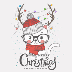 Cute little cat with deer horns, christmas garland, knitted cap, scarf. Christmas card. New Year. Season's Greetings. Vector illustration