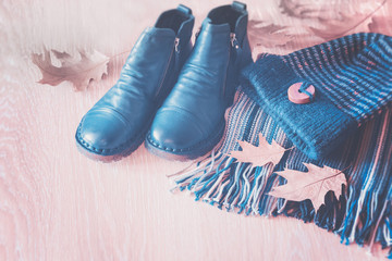 autumn clothes and shoes: boots, scarf, hat. clothing for bad weather in autumn. background with boots and hat with scarf.