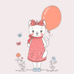 Cat girl with balloon. Cute cartoon vector illustration