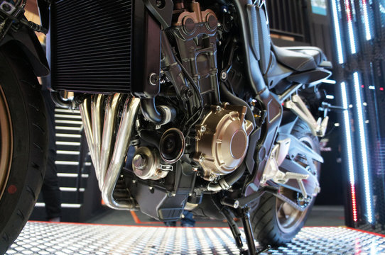 Selective focused on a high performance motorcycle engine. The engine is installed on a designed motorcycle chassis.  