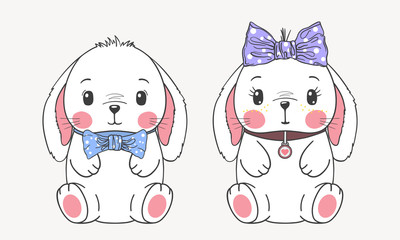 Cute baby rabbits. Girl and boy. Cartoon vector illustration