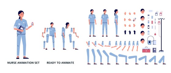 Nurse in uniform character set of body parts flat vector illustration isolated.