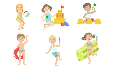 Kids Playing on the Beach Set, Children Having Fun on Seaside, Playing Ball, Eating Ice Cream, Building Sand Castles Vector Illustration