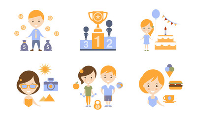 Happy Family Modern Lifestyle Icons Set, Travel, Healthy Lifestyle, Business Flat Vector Illustration