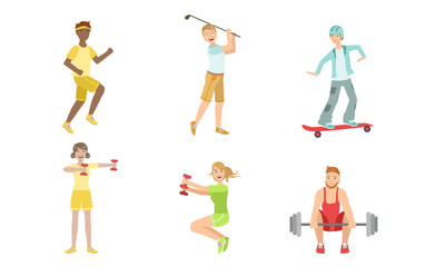 People Doing Different Kinds of Sports Set, Sportive Men and Women Jogging, Playing Golf, Riding Skateboard, Exercising with Dumbbells and Barbell Vector Illustration