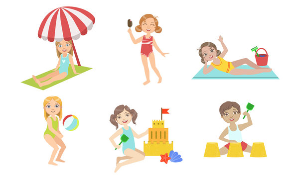 Kids Playing on the Beach Set, Children Having Fun on Seaside, Playing Ball, Eating Ice Cream, Building Sand Castles, Sunbathing Vector Illustration