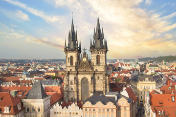 Fototapeta na wymiar ful view of the Old Town Square, and Tyn Church in Prague, Czech Republic