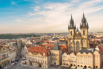 Fototapeta na wymiar ful view of the Old Town Square, and Tyn Church in Prague, Czech Republic