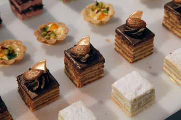Colorful desserts and pastry served on a wedding party