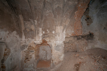 Old ruined abandoned roman catholic church in Izyaslav