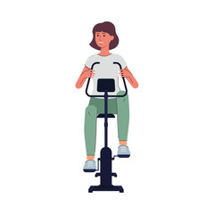 Cartoon woman sitting on exercise bike - happy young girl on gym bicycle