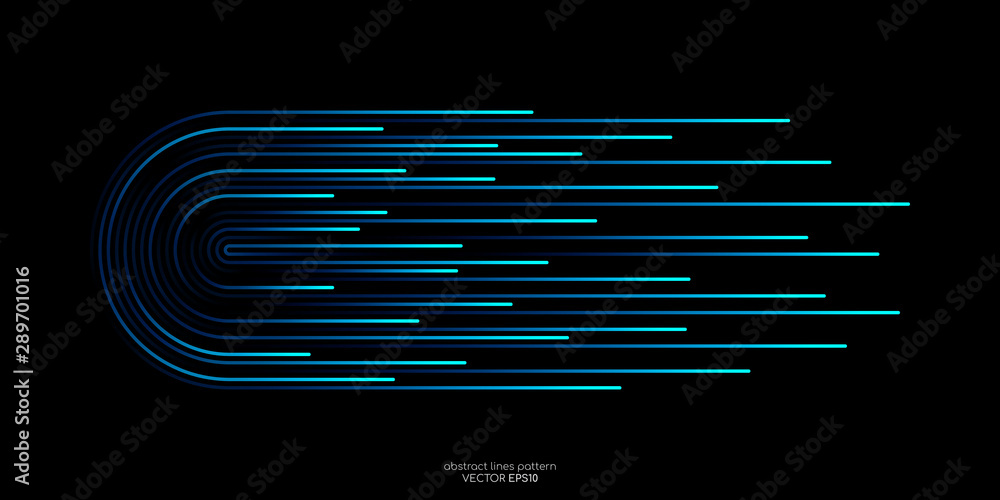 Poster Vector half circles lines flowing dynamic pattern in blue green colors isolated on black background for concept of AI technology, digital, communication, science, music