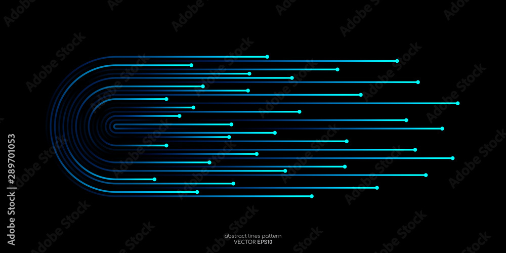 Poster Vector half circles lines flowing dynamic pattern in blue green colors isolated on black background in concept of speed, AI technology, digital, communication.