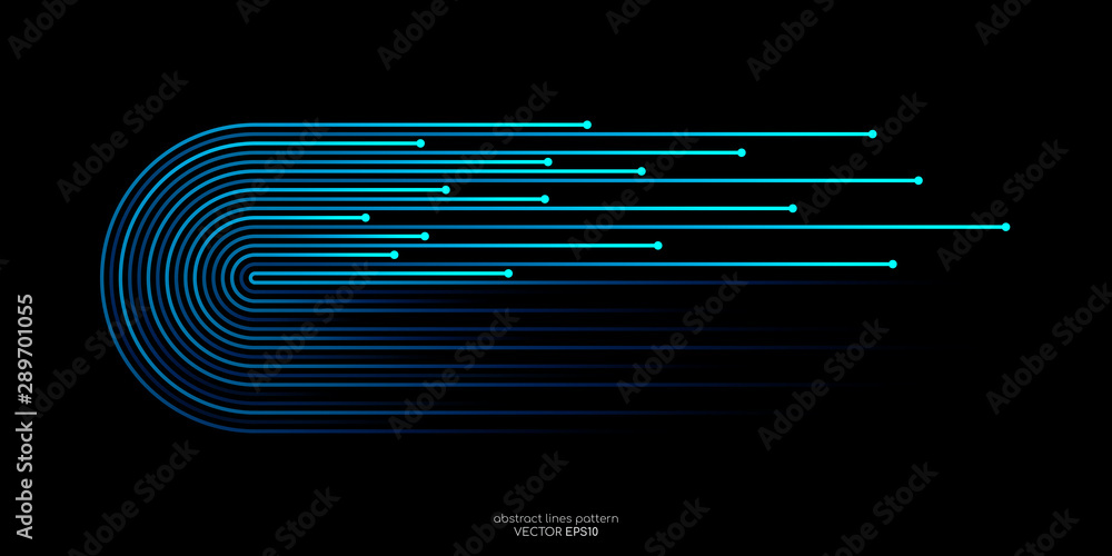 Poster Vector half circles lines flowing dynamic pattern in blue green colors isolated on black background in concept of speed, AI technology, digital, communication.