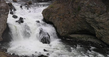 Yellowstone National Park river waterfall mountain. National Park in Wyoming. Geothermal ecosystem environment. Biology geography and ecology. Millions of tourist and visitors each year.