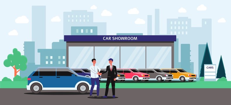 Car showroom - cartoon man buying a blue car from seller in costume