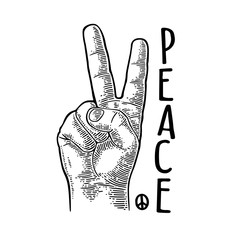 Male hand showing two fingers. Peace lettering. Vector black vintage engraving