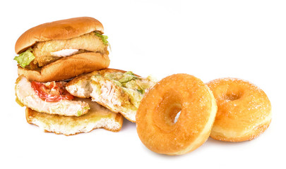 Burger junk food on white ground.