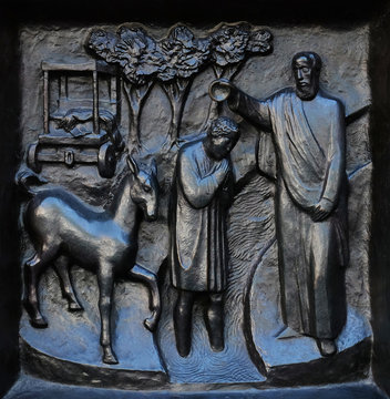 The Baptism of the Eunuch, relief on the door of the Grossmunster ("great minster") church in Zurich, Switzerland