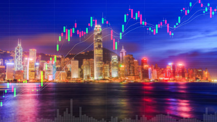 Double exposure trading graph on city background