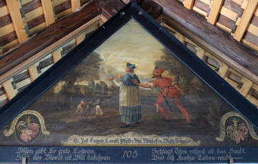 Historical paintings underneath the roof of the Chapel Bridge by Hans Heinrich Wgmann in Lucerne,...