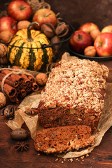 Apple and honey cake with spices and nuts.