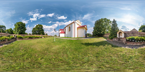 full seamless spherical hdri panorama 360 degrees angle view near neo gothic catholic church in small village in equirectangular projection with zenith and nadir, AR VR content
