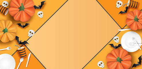 Happy Halloween. Design with spoon, dish, fork , knife , paper glass ,tableware ,bat and pumpkin on orange background. Vector. illustration.