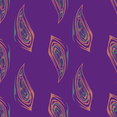 Fiery abstract orange and teal fall leaves in painterly brushstroke style design. Vector seamless pattern on purple background. Great for wellbeing, packaging , fabric, giftwrap, stationery,