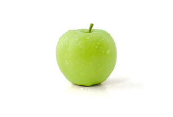 Close up water drops green apple isolate white background