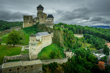Fototapeta na wymiar Aerial panorama view of Trencin castle with medieval donjon in Slovakia above the Vah river