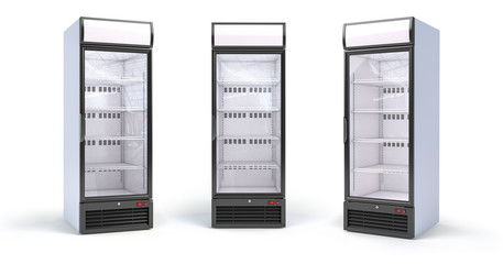 Fridge with glass door isolated on white. Set of empty showcase refrigerators in the grocery shop.